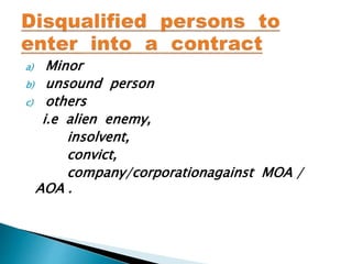 a) Minor
b) unsound person
c) others
i.e alien enemy,
insolvent,
convict,
company/corporationagainst MOA /
AOA .
 