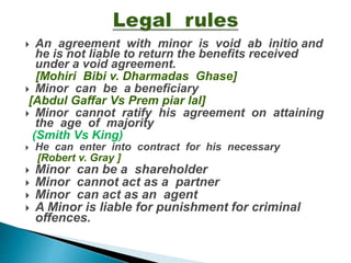  An agreement with minor is void ab initio and
he is not liable to return the benefits received
under a void agreement.
[Mohiri Bibi v. Dharmadas Ghase]
 Minor can be a beneficiary
[Abdul Gaffar Vs Prem piar lal]
 Minor cannot ratify his agreement on attaining
the age of majority
(Smith Vs King)
 He can enter into contract for his necessary
[Robert v. Gray ]
 Minor can be a shareholder
 Minor cannot act as a partner
 Minor can act as an agent
 A Minor is liable for punishment for criminal
offences.
 