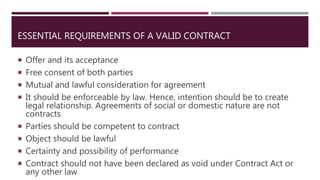 ESSENTIAL REQUIREMENTS OF A VALID CONTRACT
 Offer and its acceptance
 Free consent of both parties
 Mutual and lawful consideration for agreement
 It should be enforceable by law. Hence, intention should be to create
legal relationship. Agreements of social or domestic nature are not
contracts
 Parties should be competent to contract
 Object should be lawful
 Certainty and possibility of performance
 Contract should not have been declared as void under Contract Act or
any other law
 
