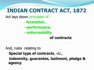 INDIAN CONTRACT ACT, 1872
Act lays down principles of
           - formation,
           - performance,
           - enforceability
                            of contracts

And, rules relating to
  Special type of contracts, viz.,
  indemnity, guarantee, bailment, pledge &
 agency.
 