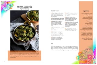 5 6
Chicken Saagwala
(Spinach Chicken)
Ingredients
2.2pounds skinless chicken
pieces (legs or breasts
preferable)
3 large bunches spinach
3 tablespoons vegetable
cooking oil
5 peppercorns
4 cloves
4 pods ​cardamom
2 large onions
(chopped very fine)
2 tablespoons garlic paste
1 tablespoon ginger paste
1/2 teaspoon ground turmeric
1/2 ground cinnamon
1 teaspoon coriander powder
1 teaspoon cumin powder
1 tablespoon garam masala
powder2 medium t omatoes
(chopped fine)
Garnish: 1 dollop of butter
Optional: Salt to taste
Steps to Make It
1. Wash the spinach well and
chop. Put into a pot with half a
cup of water, salt to taste, and
boil till cooked.
2. Grind the spinach into a paste
in a food processor. Keep aside.
3. Heat the oil in a pan on a
medium flame and fry the
chicken pieces until well
browned. Remove and keep
aside.
4. Again heat the same oil, then
add the
whole spices.
5. As the spices turn slightly
darker, add the onion, ginger
and garlic pastes and fry till the
onions are pale golden in color.
6. Add all the other spices:
coriander, cumin, and garam
masala. Fry for 5 minutes.
7. Add the tomatoes and fry till
the oil begins to separate from
the masala.
8. Add the chicken to this
masala, mix well, and add half
a cup of water. Cook till the
chicken is almost done.
9. Add the spinach and mix well.
Cook until most of the water
dries up. Remove from the fire
and garnish with a dollop of
fresh butter.
10. Serve with hot chapatis
(Indian flatbread) or parathas
(pan-fried Indian flatbread).
If you’relookingforahealthierIndianmeal,youmightwanttoconsider
chicken saagwala, a light chicken curry dish common in northern
Indian cooking, made with turmeric, cinnamon, garam masala, and
fresh spinach.
Tips
Use fresh baby spinach: A key to maintaining a fresh and light
flavor in chicken saagwala is by using fresh baby leaf spinach.
While some may use canned or frozen spinach to make this dish,
it does not pair as well with ginger and garlic as fresh spinach.
 