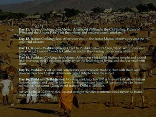    Day 11, Jaipur: Cooking class/demo. Afternoon visiting to the City palace, Palace of
    Wind and the Amber Fort. Visit the pottery and earthen utensil markets.
    Day 12, Jaipur: Cooking class. Afternoon visit to the Jantar Mantar observatory and the
    colourful bazaars.
    Day 13, Jaipur - Pushkar (drive): Drive to Pushkar (about 120km/3hrs). Afternoon visit
    to the world famous Camel & Cattle fair and in the evening dinner and cultural
    programme.
    Day 14, Pushkar: Cooking class/demo. Afternoon visit to the Brahma temple and sacred
    lake. Evening, visit a resident family to see the local way of living and share a meal with
    them.
    Day 15, Pushkar: Visit a tribal community and nomadic traders; chat with them and
    observe their food habits. Afternoon camel ride, to view the sunset.
    Day 16, Pushkar - Delhi (train): Morning cooking class and a farewell talk about Indian
    history, culture and cuisine followed by a sumptuous lunch. Afternoon drive to Ajmer
    railway station about 12km, board train to Delhi at 1550Hrs.
    Arrive Delhi at 2220Hrs; pick-up and straight transfer to international airport to board
    flight to home country
 