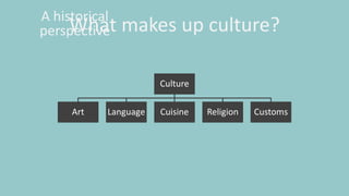 What makes up culture?
Culture
Art Language Cuisine Religion Customs
A historical
perspective
 