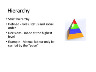 Hierarchy
• Strict hierarchy
• Defined - roles, status and social
order
• Decisions - made at the highest
level
• Example - Manual labour only be
carried by the "peon"
 