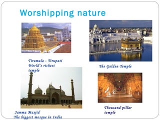 Worshipping nature




        Tirumala - Tirupati
        World’s richest       The Golden Temple
        temple




                                Thousand pillar
 Jamma Masjid                   temple
The biggest mosque in India
 