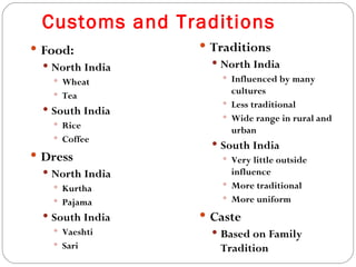Customs and Traditions
 Food:            Traditions
   North India      North India
     Wheat            Influenced by many
     Tea               cultures
                       Less traditional
   South India
                       Wide range in rural and
     Rice
                        urban
     Coffee
                     South India
 Dress                Very little outside
   North India         influence
     Kurtha           More traditional
     Pajama           More uniform

   South India    Caste
     Vaeshti        Based on Family
     Sari
                      Tradition
 