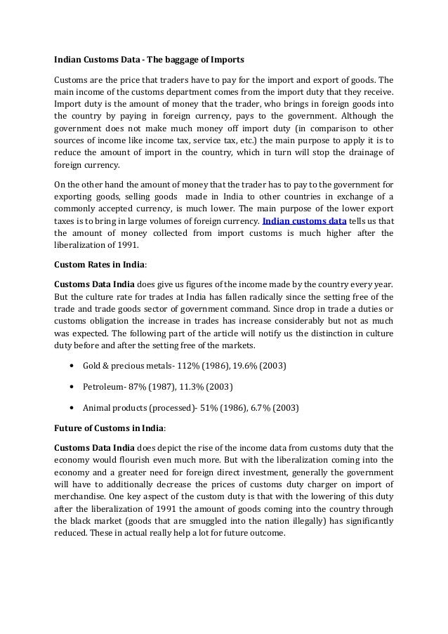 Indian Customs Data The baggage of Imports