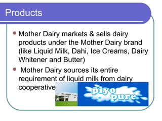 Products

  Mother  Dairy markets & sells dairy
  products under the Mother Dairy brand
  (like Liquid Milk, Dahi, Ice Creams, Dairy
  Whitener and Butter)
  Mother Dairy sources its entire
  requirement of liquid milk from dairy
  cooperatives
 