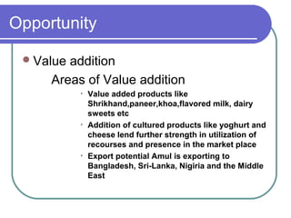 Opportunity

  Valueaddition
     Areas of Value addition
           
               Value added products like
               Shrikhand,paneer,khoa,flavored milk, dairy
               sweets etc
           
               Addition of cultured products like yoghurt and
               cheese lend further strength in utilization of
               recourses and presence in the market place
           
               Export potential Amul is exporting to
               Bangladesh, Sri-Lanka, Nigiria and the Middle
               East
 