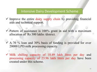  Improve the entire dairy supply chain by providing financial
aids and technical support.
 Pattern of assistance is 100% grant in aid with a maximum
allocation of Rs 300 lakhs /district.
 A 70 % loan and 30% basis of funding is provided for over
20000 LPD milk processing capacity.
 Milk chilling capacity of 18.49 lakh litres per day and
processing capacity of 23.96 lakh litres per day have been
created under this scheme.
Intensive Dairy Development Scheme
40
 