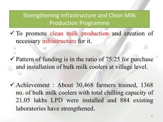  To promote clean milk production and creation of
necessary infrastructure for it.
 Pattern of funding is in the ratio of 75:25 for purchase
and installation of bulk milk coolers at village level.
 Achievement : About 30,468 farmers trained, 1368
no. of bulk milk coolers with total chilling capacity of
21.05 lakhs LPD were installed and 884 existing
laboratories have strengthened.
Strengthening Infrastructure and Clean Milk
Production Programme
43
 