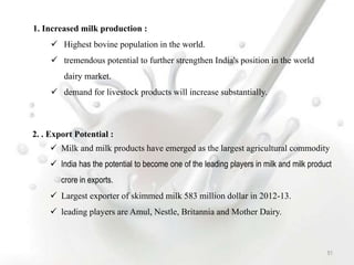 51
1. Increased milk production :
 Highest bovine population in the world.
 tremendous potential to further strengthen India's position in the world
dairy market.
 demand for livestock products will increase substantially.
2. . Export Potential :
 Milk and milk products have emerged as the largest agricultural commodity
 India has the potential to become one of the leading players in milk and milk product
crore in exports.
 Largest exporter of skimmed milk 583 million dollar in 2012-13.
 leading players are Amul, Nestle, Britannia and Mother Dairy.
 