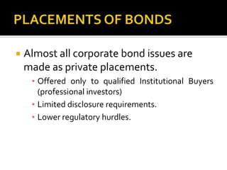 PLACEMENTS OF BONDSAlmost all corporate bond issues are made as private placements.Offered only to qualified Institutional Buyers (professional investors)Limited disclosure requirements.Lower regulatory hurdles.
