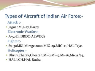 Types of Aircraft of Indian Air Force:-
Attack :-
 Jaguar,Mig-27,Harpy
Electronic Warfare:-
 A-50Eii,DRDO AEW&CS
Fighter:-
 Su-30MKI,Mirage 2000,MIG-29,MIG-21,HAL Tejas
Helicopter:-
 Dhruv,Chetak,Cheetah,Mi-8,Mi-17,Mi-26,Mi-25/35,
 HAL LCH.HAL Rudra
 