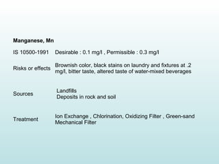 Manganese, Mn
IS 10500-1991 Desirable : 0.1 mg/l , Permissible : 0.3 mg/l
Risks or effects
Brownish color, black stains on laundry and fixtures at .2
mg/l, bitter taste, altered taste of water-mixed beverages
Sources
Landfills
Deposits in rock and soil
Treatment
Ion Exchange , Chlorination, Oxidizing Filter , Green-sand
Mechanical Filter
 