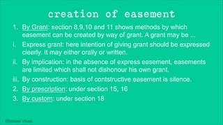 Khakare Vikas
creation of easement
1. By Grant: section 8,9,10 and 11 shows methods by which
easement can be created by way of grant. A grant may be ...
i. Express grant: here intention of giving grant should be expressed
clearly. It may either orally or written.
ii. By implication: in the absence of express easement, easements
are limited which shall not dishonour his own grant.
iii. By construction: basis of contstructive easement is silence.
2. By prescription: under section 15, 16
3. By custom: under section 18
 