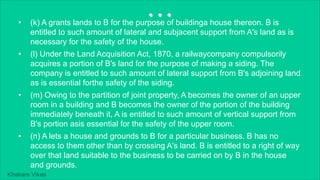 Khakare Vikas
...
• (k) A grants lands to B for the purpose of buildinga house thereon. B is
entitled to such amount of lateral and subjacent support from A's land as is
necessary for the safety of the house.
• (l) Under the Land Acquisition Act, 1870, a railwaycompany compulsorily
acquires a portion of B's land for the purpose of making a siding. The
company is entitled to such amount of lateral support from B's adjoining land
as is essential forthe safety of the siding.
• (m) Owing to the partition of joint property, A becomes the owner of an upper
room in a building and B becomes the owner of the portion of the building
immediately beneath it, A is entitled to such amount of vertical support from
B's portion asis essential for the safety of the upper room.
• (n) A lets a house and grounds to B for a particular business. B has no
access to them other than by crossing A's land. B is entitled to a right of way
over that land suitable to the business to be carried on by B in the house
and grounds.
 
