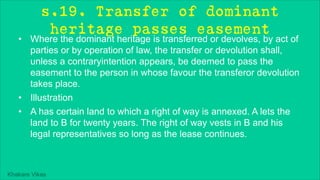 Khakare Vikas
s.19. Transfer of dominant
heritage passes easement
• Where the dominant heritage is transferred or devolves, by act of
parties or by operation of law, the transfer or devolution shall,
unless a contraryintention appears, be deemed to pass the
easement to the person in whose favour the transferor devolution
takes place.
• Illustration
• A has certain land to which a right of way is annexed. A lets the
land to B for twenty years. The right of way vests in B and his
legal representatives so long as the lease continues.
 