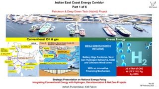 Green Energy
Conventional Oil & gas
Rev 00
18th February 2023
Indian East Coast Energy Corridor
Part 1 of 6
MEGA GREEN ENERGY
INITIATIVE
Battery Giga Factories, Next
Gen Hydrogen Networks, Solar
and Offshore Wind farms
With an innovative
Financing Mechanism
Petroleum & Deep Green Tech (Hybrid) Project
1
30 MTPA of GH2
at US $ 1.8 / Kg
by 2035
Strategic Presentation on National Energy Policy
Integrating Conventional Energy with Hydrogen, Decarbonization & Net Zero Projects
Ashish Puntambekar, X36 Falcon
 
