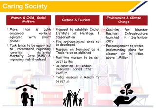 Caring Society
• More than 6 Lakh
anganwadi workers
equipped with smart
phones
• Task force to be appointed
to recommend regarding
lowering Maternal
Mortality Rate (MMR) &
improving nutrition level
• Proposal to establish Indian
Institute of Heritage &
Conservation
• Five archaeological sites to
be developed
• Museum on Numismatics &
Trade to be established
• Maritime museum to be set
up at Lothal
• Re-curation of Indian
museums across the
country
• Tribal museum in Ranchi to
be set up
• Coalition for Disaster
Resilient Infrastructure
launched in September
2019
• Encouragement to states
implementing plans for
cleaner air in cities
above 1 Million
Environment & Climate
Change
Culture & Tourism
Women & Child, Social
Welfare
 