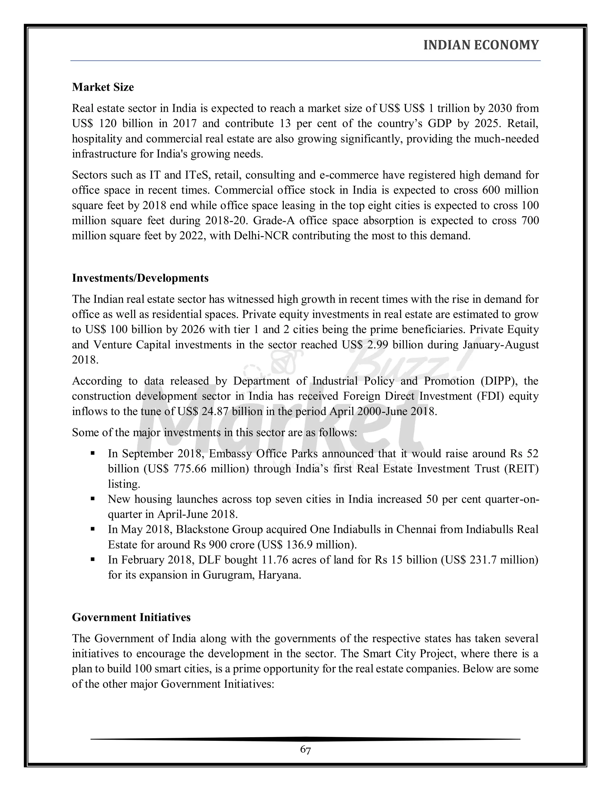 INDIAN ECONOMY
67
Market Size
Real estate sector in India is expected to reach a market size of US$ US$ 1 trillion by 2030 from
US$ 120 billion in 2017 and contribute 13 per cent of the country’s GDP by 2025. Retail,
hospitality and commercial real estate are also growing significantly, providing the much-needed
infrastructure for India's growing needs.
Sectors such as IT and ITeS, retail, consulting and e-commerce have registered high demand for
office space in recent times. Commercial office stock in India is expected to cross 600 million
square feet by 2018 end while office space leasing in the top eight cities is expected to cross 100
million square feet during 2018-20. Grade-A office space absorption is expected to cross 700
million square feet by 2022, with Delhi-NCR contributing the most to this demand.
Investments/Developments
The Indian real estate sector has witnessed high growth in recent times with the rise in demand for
office as well as residential spaces. Private equity investments in real estate are estimated to grow
to US$ 100 billion by 2026 with tier 1 and 2 cities being the prime beneficiaries. Private Equity
and Venture Capital investments in the sector reached US$ 2.99 billion during January-August
2018.
According to data released by Department of Industrial Policy and Promotion (DIPP), the
construction development sector in India has received Foreign Direct Investment (FDI) equity
inflows to the tune of US$ 24.87 billion in the period April 2000-June 2018.
Some of the major investments in this sector are as follows:
▪ In September 2018, Embassy Office Parks announced that it would raise around Rs 52
billion (US$ 775.66 million) through India’s first Real Estate Investment Trust (REIT)
listing.
▪ New housing launches across top seven cities in India increased 50 per cent quarter-on-
quarter in April-June 2018.
▪ In May 2018, Blackstone Group acquired One Indiabulls in Chennai from Indiabulls Real
Estate for around Rs 900 crore (US$ 136.9 million).
▪ In February 2018, DLF bought 11.76 acres of land for Rs 15 billion (US$ 231.7 million)
for its expansion in Gurugram, Haryana.
Government Initiatives
The Government of India along with the governments of the respective states has taken several
initiatives to encourage the development in the sector. The Smart City Project, where there is a
plan to build 100 smart cities, is a prime opportunity for the real estate companies. Below are some
of the other major Government Initiatives:
 