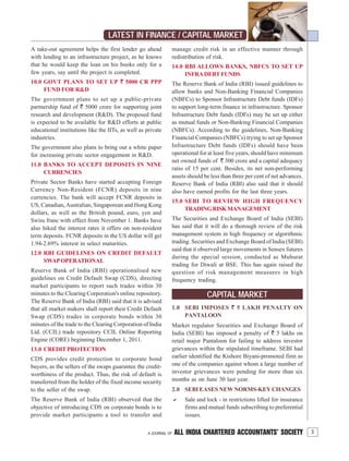3A JOURNAL OF ALL INDIA CHARTERED ACCOUNTANTS’ SOCIETY
LATEST IN FINANCE / CAPITAL MARKET
A take-out agreement helps the first lender go ahead
with lending to an infrastructure project, as he knows
that he would keep the loan on his books only for a
few years, say until the project is completed.
10.0 GOVT PLANS TO SET UP ` 5000 CR PPP
FUND FOR R&D
The government plans to set up a public-private
partnership fund of ` 5000 crore for supporting joint
research and development (R&D). The proposed fund
is expected to be available for R&D efforts at public
educational institutions like the IITs, as well as private
industries.
The government also plans to bring out a white paper
for increasing private sector engagement in R&D.
11.0 BANKS TO ACCEPT DEPOSITS IN NINE
CURRENCIES
Private Sector Banks have started accepting Foreign
Currency Non-Resident (FCNR) deposits in nine
currencies. The bank will accept FCNR deposits in
US, Canadian,Australian, Singaporean and Hong Kong
dollars, as well as the British pound, euro, yen and
Swiss franc with effect from November 1. Banks have
also hiked the interest rates it offers on non-resident
term deposits. FCNR deposits in the US dollar will get
1.94-2.69% interest in select maturities.
12.0 RBI GUIDELINES ON CREDIT DEFAULT
SWAPOPERATIONAL
Reserve Bank of India (RBI) operationalised new
guidelines on Credit Default Swap (CDS), directing
market participants to report such trades within 30
minutes to the Clearing Corporation's online repository.
The Reserve Bank of India (RBI) said that it is advised
that all market makers shall report their Credit Default
Swap (CDS) trades in corporate bonds within 30
minutes of the trade to the Clearing Corporation of India
Ltd. (CCIL) trade repository CCIL Online Reporting
Engine (CORE) beginning December 1, 2011.
13.0 CREDITPROTECTION
CDS provides credit protection to corporate bond
buyers, as the sellers of the swaps guarantee the credit-
worthiness of the product. Thus, the risk of default is
transferred from the holder of the fixed income security
to the seller of the swap.
The Reserve Bank of India (RBI) observed that the
objective of introducing CDS on corporate bonds is to
provide market participants a tool to transfer and
manage credit risk in an effective manner through
redistribution of risk.
14.0 RBI ALLOWS BANKS, NBFCS TO SET UP
INFRADEBTFUNDS
The Reserve Bank of India (RBI) issued guidelines to
allow banks and Non-Banking Financial Companies
(NBFCs) to Sponsor Infrastructure Debt funds (IDFs)
to support long-term finance in infrastructure. Sponsor
Infrastructure Debt funds (IDFs) may be set up either
as mutual funds or Non-Banking Financial Companies
(NBFCs). According to the guidelines, Non-Banking
Financial Companies (NBFCs) trying to set up Sponsor
Infrastructure Debt funds (IDFs) should have been
operational for at least five years, should have minimum
net owned funds of ` 300 crore and a capital adequacy
ratio of 15 per cent. Besides, its net non-performing
assets should be less than three per cent of net advances.
Reserve Bank of India (RBI) also said that it should
also have earned profits for the last three years.
15.0 SEBI TO REVIEW HIGH FREQUENCY
TRADINGRISKMANAGEMENT
The Securities and Exchange Board of India (SEBI)
has said that it will do a thorough review of the risk
management system in high frequency or algorithmic
trading. Securities and Exchange Board of India (SEBI)
said that it observed large movements in Sensex futures
during the special session, conducted as Muhurat
trading for Diwali at BSE. This has again raised the
question of risk management measures in high
frequency trading.
CAPITAL MARKET
1.0 SEBI IMPOSES ` 5 LAKH PENALTY ON
PANTALOON
Market regulator Securities and Exchange Board of
India (SEBI) has imposed a penalty of ` 5 lakhs on
retail major Pantaloon for failing to address investor
grievances within the stipulated timeframe. SEBI had
earlier identified the Kishore Biyani-promoted firm as
one of the companies against whom a large number of
investor grievances were pending for more than six
months as on June 30 last year.
2.0 SEBI EASES NEW NORMS-KEY CHANGES
Sale and lock - in restrictions lifted for insurance
firms and mutual funds subscribing to preferential
issues.
 