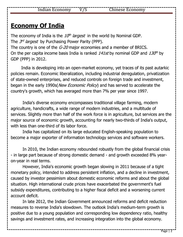 INDIAN ECONOMY V/S CHINESE ECONOMY, A Comparative Study PDF