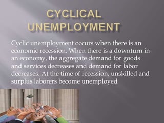 Cyclic unemployment occurs when there is an 
economic recession. When there is a downturn in 
an economy, the aggregate demand for goods 
and services decreases and demand for labor 
decreases. At the time of recession, unskilled and 
surplus laborers become unemployed 
 
