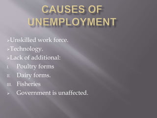 Unskilled work force. 
Technology. 
Lack of additional: 
I. Poultry forms 
II. Dairy forms. 
III. Fisheries 
 Government is unaffected. 
 
