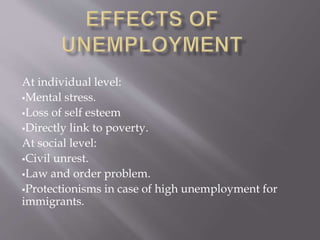 At individual level: 
Mental stress. 
Loss of self esteem 
Directly link to poverty. 
At social level: 
Civil unrest. 
Law and order problem. 
Protectionisms in case of high unemployment for 
immigrants. 
 
