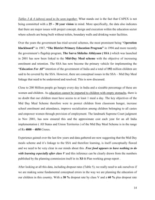 Tables 3 & 4 (above) need to be seen together. What stands out is the fact that CAPEX is not
being committed with a 25 – 30 year vision in mind. More specifically, the data also indicates
that there are major issues with project concept, design and execution within the education sector
where schools are being built without toilets, boundary walls and drinking water facilities.

Over the years the government has tried several schemes, the most prominent being “Operation
blackboard” in 1987, “The District Primary Education Program” in 1994 and more recently
the government’s flagship program, The Sarva Shiksha Abhiyaan ( SSA ) which was launched
in 2001 has now been linked to the Mid-Day Meal scheme with the objective of increasing
enrolment and retention. The SSA has now become the primary vehicle for implementing the
“Education For All” intention of the government of India and a total of 192 million children are
said to be covered by the SSA. However, there are conceptual issues in the SSA – Mid Day Meal
linkage that need to be understood and resolved. This is now discussed.

Close to 200 Million people go hungry every day in India and a sizeable percentage of these are
women and children. As education cannot be imparted to children with empty stomachs, there is
no doubt that our children must have access to at least 1 meal a day. The key objectives of the
Mid Day Meal Scheme therefore were to protect children from classroom hunger, increase
school enrolment and attendance, improve socialization among children belonging to all castes
and empower women through provision of employment. The landmark Supreme Court judgment
in Nov 2001, has now ensured this and the approximate cost each year for an all India
implementation ( All States and Union Territories ) of the Mid Day Meal Scheme is in the range
of Rs 4800 – 4850 Crores.

Experience gained over the last few years and data gathered are now suggesting that the Mid Day
meals scheme and it’s linkage to the SSA and therefore learning, is itself conceptually flawed
and we need to be very clear in our minds about this. Free food appears to have nothing to do
with learning especially after class V and this inference can be clearly drawn from the numbers
published by the planning commission itself in its XI th Plan working group report .

After looking at all this data, including dropout rates (Table 5), we really need to ask ourselves if
we are making some fundamental conceptual errors in the way we are planning the education of
our children in this country. With a 38 % dropout rate by class V and a 60 % plus dropout rate


                                                                                                  14
 