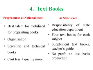 4. Text Books
Programmes at National level
• Best talent for mobilised
for preprinting books
• Organization
• Scientific and technical
books
• Cost less + quality more
At State level
• Responsibility of state
education department
• Four text books for each
subject
• Supplement text books,
teacher’s guide
• No profit no loss basis
production
 