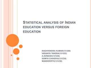 STATISTICAL ANALYSIS OF INDIAN 
EDUCATION VERSUS FOREIGN 
EDUCATION 
RAGHVENDRA KUMAR(131206) 
VASANTA TANDRA(131222) 
A.AVINASH(131248) 
SOMYA CHHADHA(131234) 
MANIKEERTH(131236) 
 
