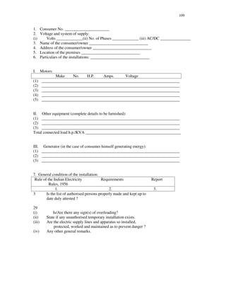 109
1. Consumer No. ______________________
2. Voltage and system of supply:
(i) Volts _____________(ii) No. of Phases _____________ (iii) AC/DC _______________
3. Name of the consumer/owner _____________________________
4. Address of the consumer/owner _____________________________
5. Location of the premises _____________________________
6. Particulars of the installations: _____________________________
I. Motors:
Make No. H.P. Amps. Voltage
(1) ____________________________________________________________________
(2) ____________________________________________________________________
(3) ____________________________________________________________________
(4) ____________________________________________________________________
(5) ____________________________________________________________________
II. Other equipment (complete details to be furnished):
(1) ____________________________________________________________________
(2) ____________________________________________________________________
(3) ____________________________________________________________________
Total connected load h.p./KVA _______________________________________________
III. Generator (in the case of consumer himself generating energy):
(1) ____________________________________________________________________
(2) ____________________________________________________________________
(3) ____________________________________________________________________
7. General condition of the installation:
Rule of the Indian Electricity
Rules, 1956
Requirements Report
1. 2. 3.
3 Is the list of authorised persons properly made and kept up to
date duly attested ?
29
(i) Is/Are there any sign(s) of overloading?
(ii) State if any unauthorised temporary installation exists.
(iii) Are the electric supply lines and apparatus so installed,
protected, worked and maintained as to prevent danger ?
(iv) Any other general remarks.
 