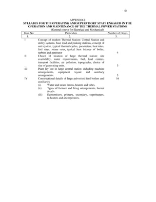 125
APPENDIX I
SYLLABUS FOR THE OPERATING AND SUPERVISORY STAFF ENGAGED IN THE
OPERATION AND MAINTENANCE OF THE THERMAL POWER STATIONS
(General course for Electrical and Mechanical)
Item No. Particulars Number of Hours
1. 2. 3.
I Concept of modern Thermal Station: Central Station and
utility systems, base load and peaking stations, concept of
unit system, typical thermal cycles, parameters, heat rates,
fuel rates, steam rates, typical heat balance of boiler,
turbine and generator 4
II Choice of location of large thermal station: site
availability, water requirements, fuel, load centres,
transport facilities, air pollution, topography, choice of
size of generating units. 3
III Plant lay out in large central station including machine
arrangements, equipment layout and auxiliary
arrangements. 3
IV Constructional details of large pulverised fuel boilers and
auxiliaries
(i) Water and steam drums, heaters and tubes.
(ii) Types of furnace and firing arrangements, burner
details.
(iii) Economisers, primary, secondary, superheaters,
re-heaters and attemperators.
16
 