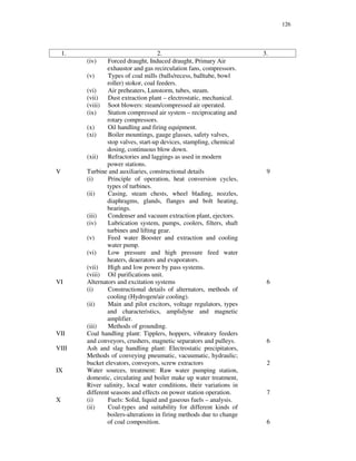 126
1. 2. 3.
(iv) Forced draught, Induced draught, Primary Air
exhaustor and gas recirculation fans, compressors.
(v) Types of coal mills (balls/recess, balltube, bowl
roller) stokor, coal feeders.
(vi) Air preheaters, Lunstorm, tubes, steam.
(vii) Dust extraction plant – electrostatic, mechanical.
(viii) Soot blowers: steam/compressed air operated.
(ix) Station compressed air system – reciprocating and
rotary compressors.
(x) Oil handling and firing equipment.
(xi) Boiler mountings, gauge glasses, safety valves,
stop valves, start-up devices, stampling, chemical
dosing, continuous blow down.
(xii) Refractories and laggings as used in modern
power stations.
V Turbine and auxiliaries, constructional details
(i) Principle of operation, heat conversion cycles,
types of turbines.
(ii) Casing, steam chests, wheel blading, nozzles,
diaphragms, glands, flanges and bolt heating,
bearings.
(iii) Condenser and vacuum extraction plant, ejectors.
(iv) Lubrication system, pumps, coolers, filters, shaft
turbines and lifting gear.
(v) Feed water Booster and extraction and cooling
water pump.
(vi) Low pressure and high pressure feed water
heaters, deaerators and evaporators.
(vii) High and low power by pass systems.
(viii) Oil purifications unit.
9
VI Alternators and excitation systems
(i) Constructional details of alternators, methods of
cooling (Hydrogen/air cooling).
(ii) Main and pilot excitors, voltage regulators, types
and characteristics, amplidyne and magnetic
amplifier.
(iii) Methods of grounding.
6
VII Coal handling plant: Tipplers, hoppers, vibratory feeders
and conveyors, crushers, magnetic separators and pulleys. 6
VIII Ash and slag handling plant: Electrostatic precipitators,
Methods of conveying pneumatic, vacuumatic, hydraulic;
bucket elevators, conveyors, screw extractors 2
IX Water sources, treatment: Raw water pumping station,
domestic, circulating and boiler make up water treatment,
River salinity, local water conditions, their variations in
different seasons and effects on power station operation. 7
X (i) Fuels: Solid, liquid and gaseous fuels – analysis.
(ii) Coal-types and suitability for different kinds of
boilers-alterations in firing methods due to change
of coal composition. 6
 