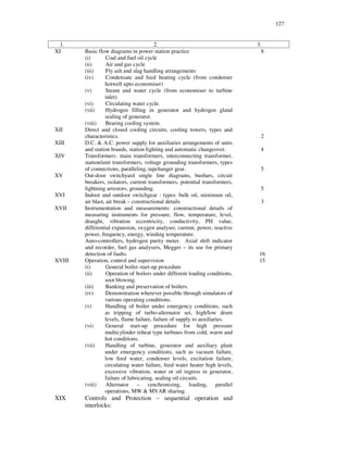 127
1. 2. 3.
XI Basic flow diagrams in power station practice
(i) Coal and fuel oil cycle
(ii) Air and gas cycle
(iii) Fly ash and slag handling arrangements
(iv) Condensate and feed heating cycle (from condenser
hotwell upto economiser)
(v) Steam and water cycle (from economiser to turbine
inlet)
(vi) Circulating water cycle.
(vii) Hydrogen filling in generator and hydrogen gland
sealing of generator.
(viii) Bearing cooling system.
8
XII Direct and closed cooling circuits, cooling towers, types and
characteristics. 2
XIII D.C. & A.C. power supply for auxiliaries arrangements of units
and station boards, station lighting and automatic changeover. 4
XIV Transformers: main transformers, interconnecting transformer,
station/unit transformers, voltage grounding transformers, types
of connections, paralleling, tapchanger gear. 5
XV Out-door switchyard single line diagrams, busbars, circuit
breakers, isolators, current transformers, potential transformers,
lightning arrestors, grounding. 5
XVI Indoor and outdoor switchgear : types: bulk oil, minimum oil,
air blast, air break – constructional details 3
XVII Instrumentation and measurements: constructional details of
measuring instruments for pressure, flow, temperature, level,
draught, vibration eccentricity, conductivity, PH value,
differential expansion, oxygen analyser, current, power, reactive
power, frequency, energy, winding temperature.
Auto-controllers, hydrogen purity meter. Axial shift indicator
and recorder, fuel gas analysers, Megger – its use for primary
detection of faults. 16
XVIII Operation, control and supervision
(i) General boiler start-up procedure
(ii) Operation of boilers under different loading conditions,
soot blowing.
(iii) Banking and preservation of boilers.
(iv) Demonstration wherever possible through simulators of
various operating conditions.
(v) Handling of boiler under emergency conditions, such
as tripping of turbo-alternator set, high/low drum
levels, flame failure, failure of supply to auxiliaries.
(vi) General start-up procedure for high pressure
multicylinder reheat type turbines from cold, warm and
hot conditions.
(vii) Handling of turbine, generator and auxiliary plant
under emergency conditions, such as vacuum failure,
low feed water, condenser levels, excitation failure,
circulating water failure, feed water heater high levels,
excessive vibration, water or oil ingress in generator,
failure of lubricating, sealing oil circuits.
(viii) Alternator – synchronising, loading, parallel
operations, MW & MVAR sharing.
15
XIX Controls and Protection – sequential operation and
interlocks:
 