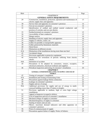 ii
Rule Page
CHAPTER IV
GENERAL SAFETY REQUIREMENTS
29 Construction, installation, protection, operation and maintenance of
electric supply lines and apparatus
13
30 Service lines and apparatus on consumer’s premises 14
31 Cut-out on consumer’s premises 14
32 Identification of earthed and earthed neutral conductors and
position of switches and cut-outs therein
14
33 Earthed terminal on consumer’s premises 15
34 Accessibility of bare conductors 15
35 Danger notices 16
36 Handling of electric supply lines and apparatus 16
37 Supply to vehicles, cranes, etc. 17
38 Cables for portable or transportable apparatus 17
39 Cables protected by bituminous materials 17
40 Street boxes 17
41 Distinction on different circuits 18
41A Distinction of the installations having more than one feed 18
42 Accidental charge 18
43 Provisions applicable to protective equipment 18
44 Instructions for restoration of persons suffering from electric
shocks
19
44A Intimation of accident 19
45 Precautions to be adopted by consumers, owners, occupiers,
electrical contractors, electrical workmen and suppliers
19
46 Periodical inspection and testing of consumer’s installation 20
CHAPTER V
GENERAL CONDITIONS RELATING TO SUPPLY AND USE OF
ENERGY
47 Testing of consumer’s installation 21
47A Installation and Testing of Generating Units 21
48 Precautions against leakage before connection 21
49 Leakage on consumer’s premises 22
50 Supply and use of energy 22
50A Additional provisions for supply and use of energy in multi-
storeyed building (more than 15 metres in height)
24
51 Provisions applicable to medium, high or extra high voltage
installations
24
52 Appeal to Inspector in regard to defects 25
53 Cost of inspection and test of consumer’s installation 26
54 Declared voltage of supply to consumer 26
55 Declared frequency of supply to consumer 26
56 Sealing of meters and cut-outs 26
57 Meters, maximum demand indicators and other apparatus on
consumer’s premises
26
58 Point of commencement of supply 27
59 Precautions against failure of supply; Notice of failures 27
 