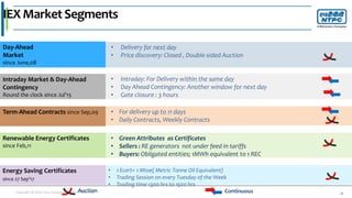 Copyright © 2016 Your Company All Rights Reserved. 28
IEX Market Segments
Day-Ahead
Market
since June,08
• Delivery for next day
• Price discovery: Closed , Double-sided Auction
Term-Ahead Contracts since Sep,09 • For delivery up to 11 days
• Daily Contracts, Weekly Contracts
Renewable Energy Certificates
since Feb,11
Energy Saving Certificates
since 27 Sep’17
Intraday Market & Day-Ahead
Contingency
Round the clock since Jul’15
• Intraday: For Delivery within the same day
• Day Ahead Contingency: Another window for next day
• Gate closure : 3 hours
• Green Attributes as Certificates
• Sellers : RE generators not under feed in tariffs
• Buyers: Obligated entities; 1MWh equivalent to 1 REC
• 1 Ecert= 1 Mtoe( Metric Tonne Oil Equivalent)
• Trading Session on every Tuesday of the Week
• Trading time 1300 hrs to 1500 hrs
Auction Continuous
 