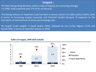 •Import :
•To meet fast growing demand, India’s crude oil imports are increasing strongly.
• In 1990, India imported only 37% of its oil demand.
•Increasing reliance on imported crude has been a serious concern to Indian policy makers, both
in terms of increasing energy insecurity and financial burden because of exposure to the
fluctuation of international oil prices and exchange rate.
•Its largest crude supplier is Saudi Arabia (18%), followed by Iran (11%), Nigeria (11%) and
Kuwait (9%), in terms of imported volume in 2010 .
 