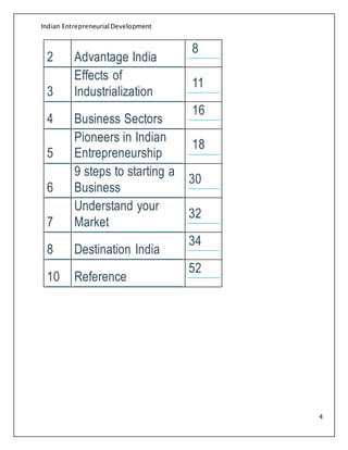 Indian Entrepreneurial Development
4
2 Advantage India
8
3
Effects of
Industrialization
11
4 Business Sectors
16
5
Pioneers in Indian
Entrepreneurship
18
6
9 steps to starting a
Business
30
7
Understand your
Market
32
8 Destination India
34
10 Reference
52
 