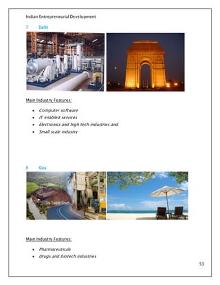 Indian Entrepreneurial Development
53
7 Delhi
Main Industry Features:
 Computer software
 IT enabled services
 Electronics and high tech industries and
 Small scale industry
8 Goa
Main Industry Features:
 Pharmaceuticals
 Drugs and biotech industries
 