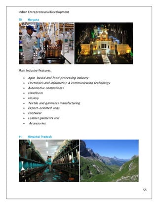 Indian Entrepreneurial Development
55
10 Haryana
Main Industry Features:
 Agro-based and food processing industry
 Electronics and information & communication technology
 Automotive components
 Handloom
 Hosiery
 Textile and garments manufacturing
 Export-oriented units
 Footwear
 Leather garments and
 Accessories.
11 Himachal Pradesh
 