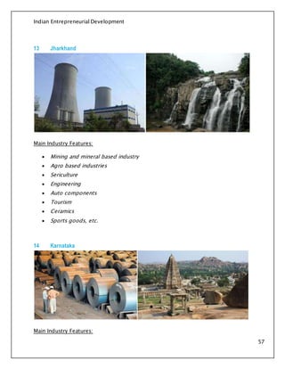 Indian Entrepreneurial Development
57
13 Jharkhand
Main Industry Features:
 Mining and mineral based industry
 Agro based industries
 Sericulture
 Engineering
 Auto components
 Tourism
 Ceramics
 Sports goods, etc.
14 Karnataka
Main Industry Features:
 