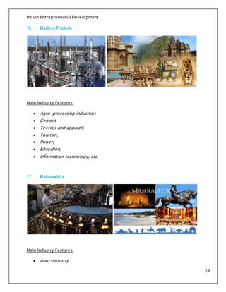 Indian Entrepreneurial Development
59
16 Madhya Pradesh
Main Industry Features:
 Agro-processing industries
 Cement
 Textiles and apparels
 Tourism,
 Power,
 Education,
 Information technology, etc
17 Maharashtra
Main Industry Features:
 Auto-industry
 