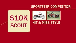 SPORTSTER COMPETITOR


$10K    PREMIUM DOMESTIC
         HIT & MISS STYLE
SCOUT
        PREMIUM INTERNATIONAL
 