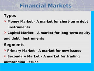 Financial Markets




                                                                        Copyright© 2008 Dorling Kindersley India Pvt. Ltd
Types
 Money Market – A market for short-term debt
  instruments
 Capital Market – A market for long-term equity
and debt instruments

Segments
 Primary Market – A market for new issues
 Secondary Market – A market for trading
outstanding issues

                            The Indian Financial System, 2e -- Pathak
 