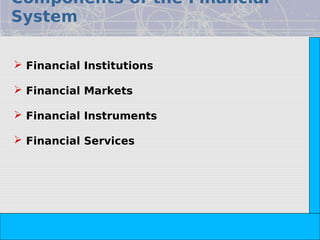 Components of the Financial
System




                                                                       Copyright© 2008 Dorling Kindersley India Pvt. Ltd
 Financial Institutions

 Financial Markets

 Financial Instruments

 Financial Services




                           The Indian Financial System, 2e -- Pathak
 