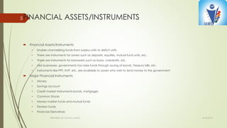 FINANCIAL ASSETS/INSTRUMENTS
 Financial Assets/Instruments
• Enable channelizing funds from surplus units to deficit units
• There are instruments for savers such as deposits, equities, mutual fund units, etc.
• There are instruments for borrowers such as loans, overdrafts, etc.
• Like businesses, governments too raise funds through issuing of bonds, Treasury bills, etc.
• Instruments like PPF, KVP, etc. are available to savers who wish to lend money to the government
 Major Financial Instruments
• Money
• Savings account
• Credit market Instruments-bonds, mortgages
• Common Stocks
• Money market funds and mutual funds
• Pension funds
• Financial Derivatives
4/10/2015PREPARED BY: KAVYA M BHAT
5
 