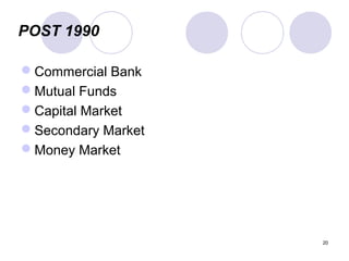 POST 1990
Commercial Bank
Mutual Funds
Capital Market
Secondary Market
Money Market
20
 